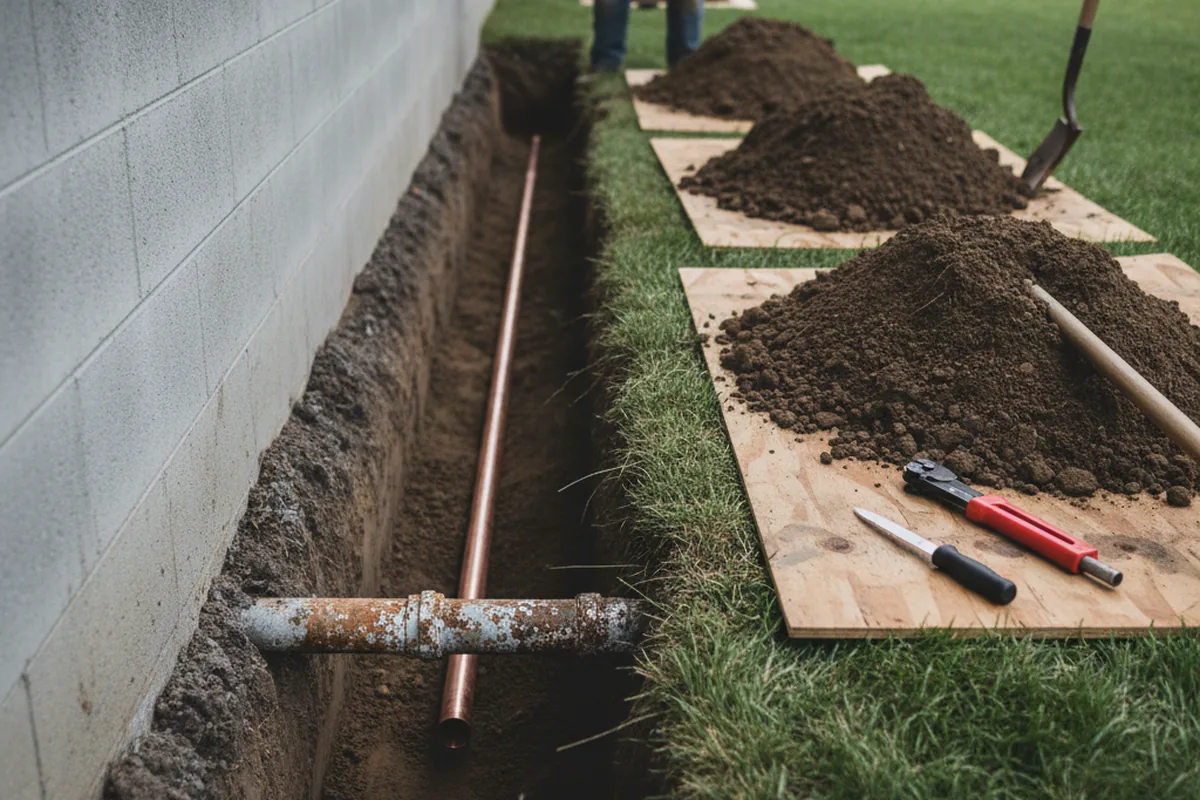 Excavated water line trench during Water Heater Repair in Kennewick